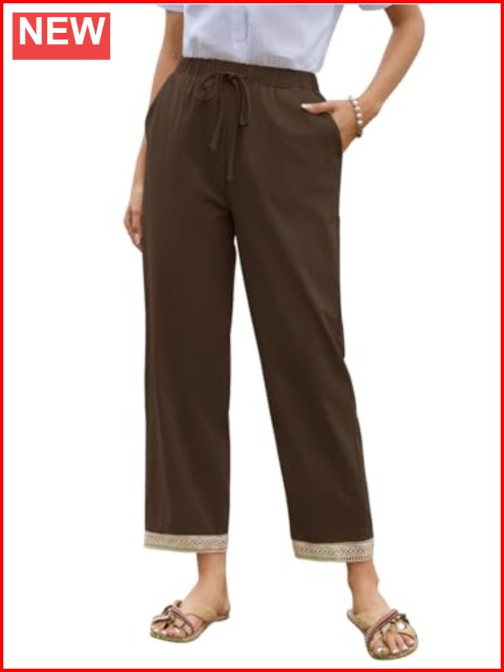 Cotton Linen Wide Leg Pants with Lace Hem Beach Lounge